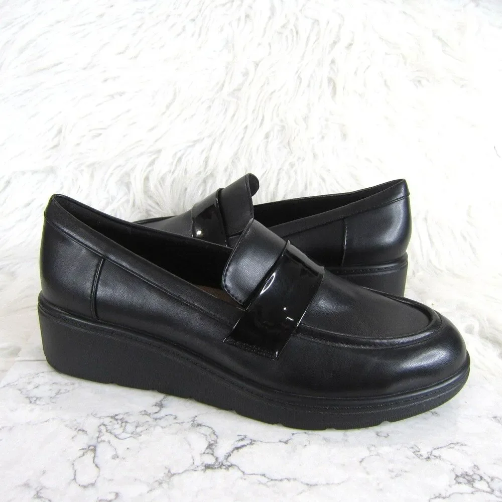 Easy Spirit Tahlia Slip On Wedge Loafers Black w/ Patent Leather Strap Size 7.5M